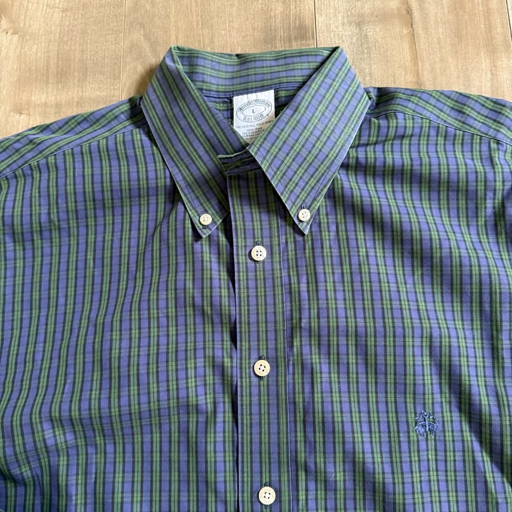 Brooks Brothers Button Down Shirt Non-Iron Large Green Blue Check Plaid Supima